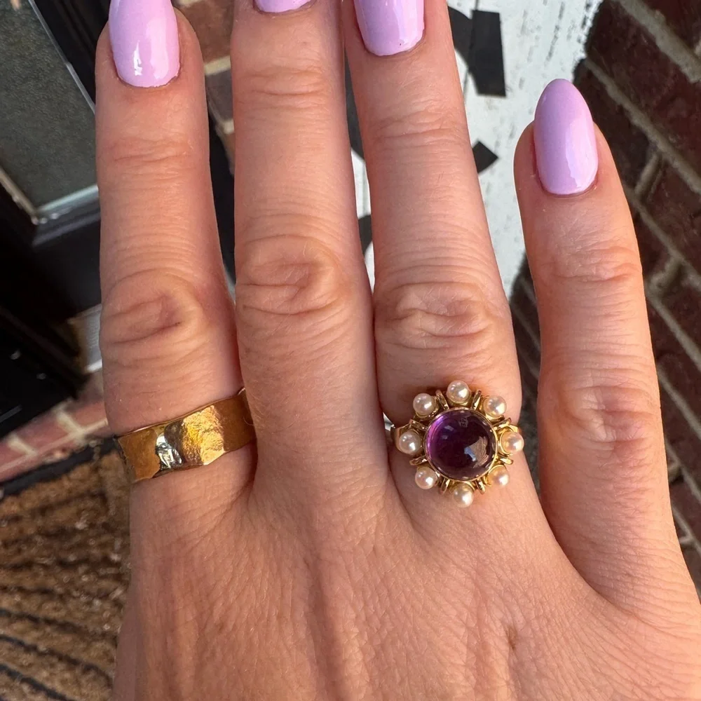 Amethyst Cabochon & Pearl 14k Gold Ring